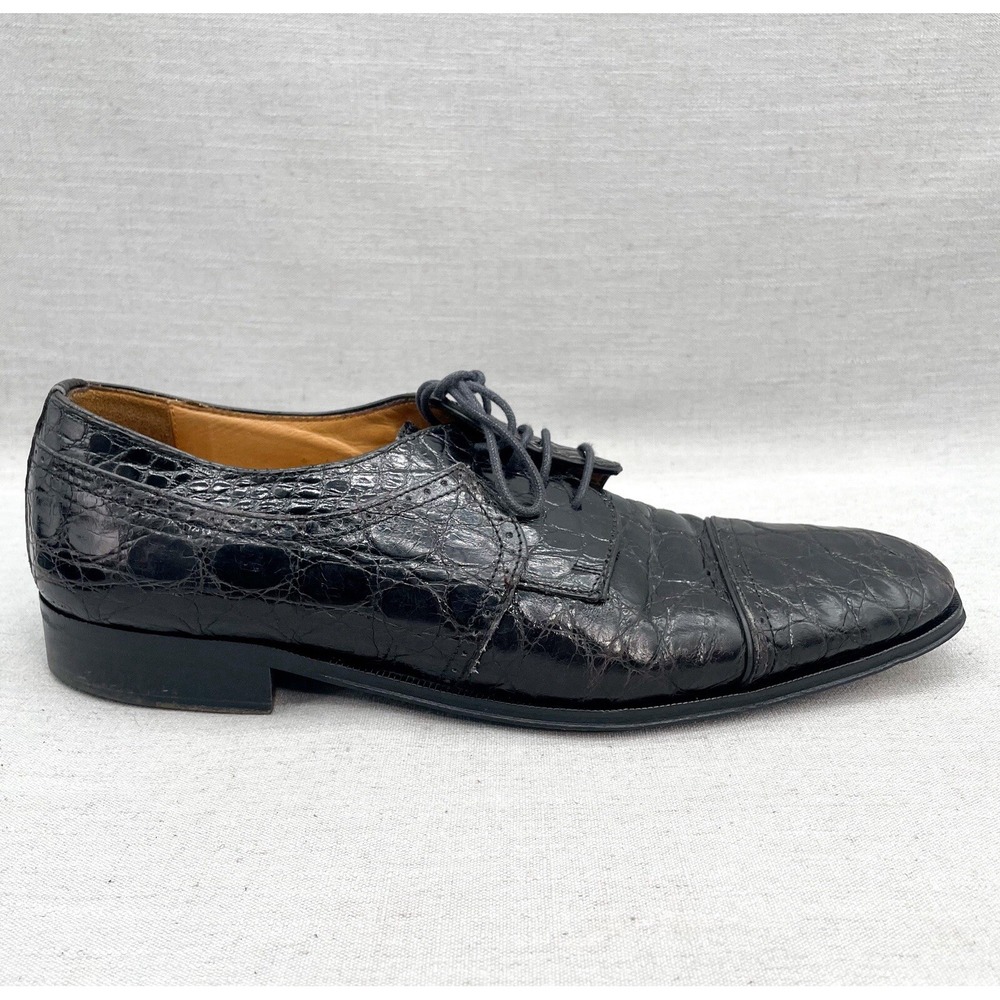 Zelli Mens 10.5M Andrea Crocodile Cap Toe Oxford Black Dress Shoes Derby Wedding
